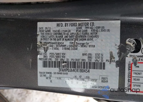 2012 Ford Fusion Sel from USA, damaged, VIN 3FAHP0JA4CR180454